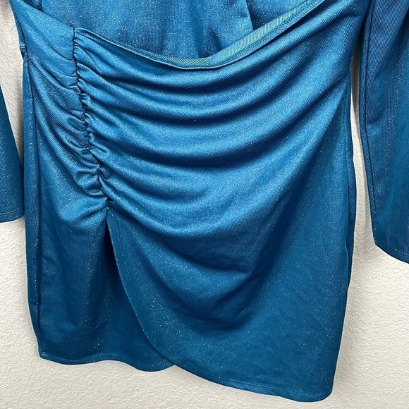 New Fourteenth Place Paulette Metallic Long Sleeve Mini Dress Faux Wrap Ruched M - Picture 6 of 13